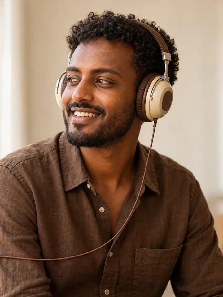 Generated portrait of Nahom wearing vintage headphones, looking toward Meron