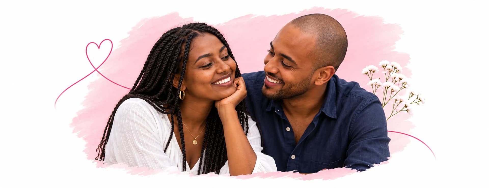 Illustrative artwork of a happy couple smiling together, surrounded by blush brushstrokes and delicate flowers