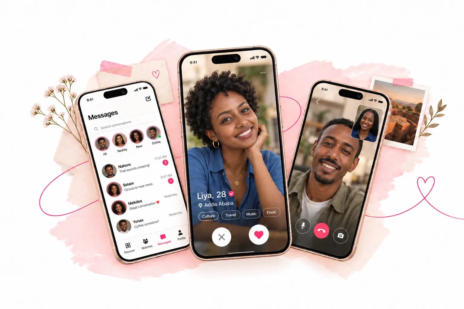 Romantic EkifAbeba artwork featuring three distinct phones: messages, a woman's dating profile, and a two-person video call, with blush paper, botanical details and an Ethiopian heritage postcard.