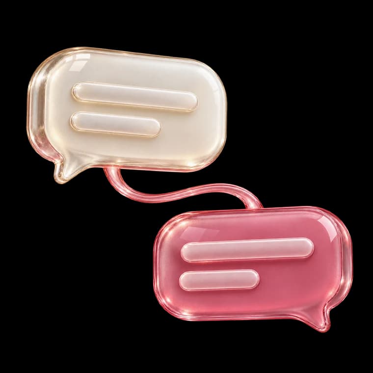 Photorealistic studio visualization of two connected frosted-glass conversation bubbles