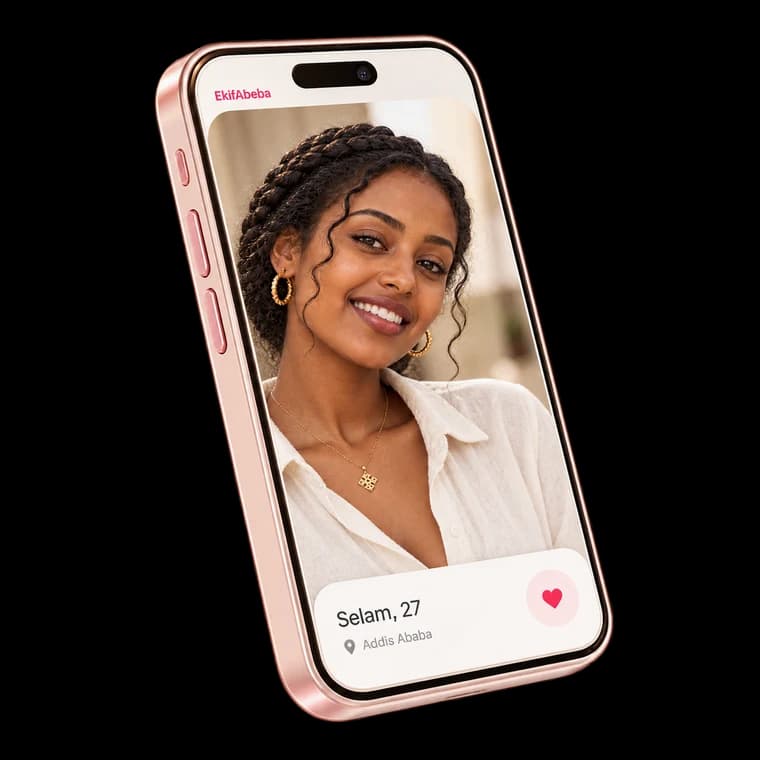 Photorealistic marketing visualization of a phone with a fictional dating profile