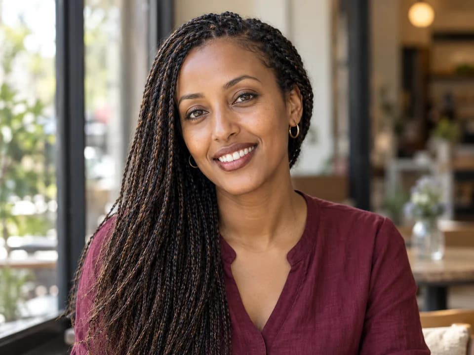 AI-generated illustrative portrait of a woman with long microbraids; not a photograph of Hanna G.